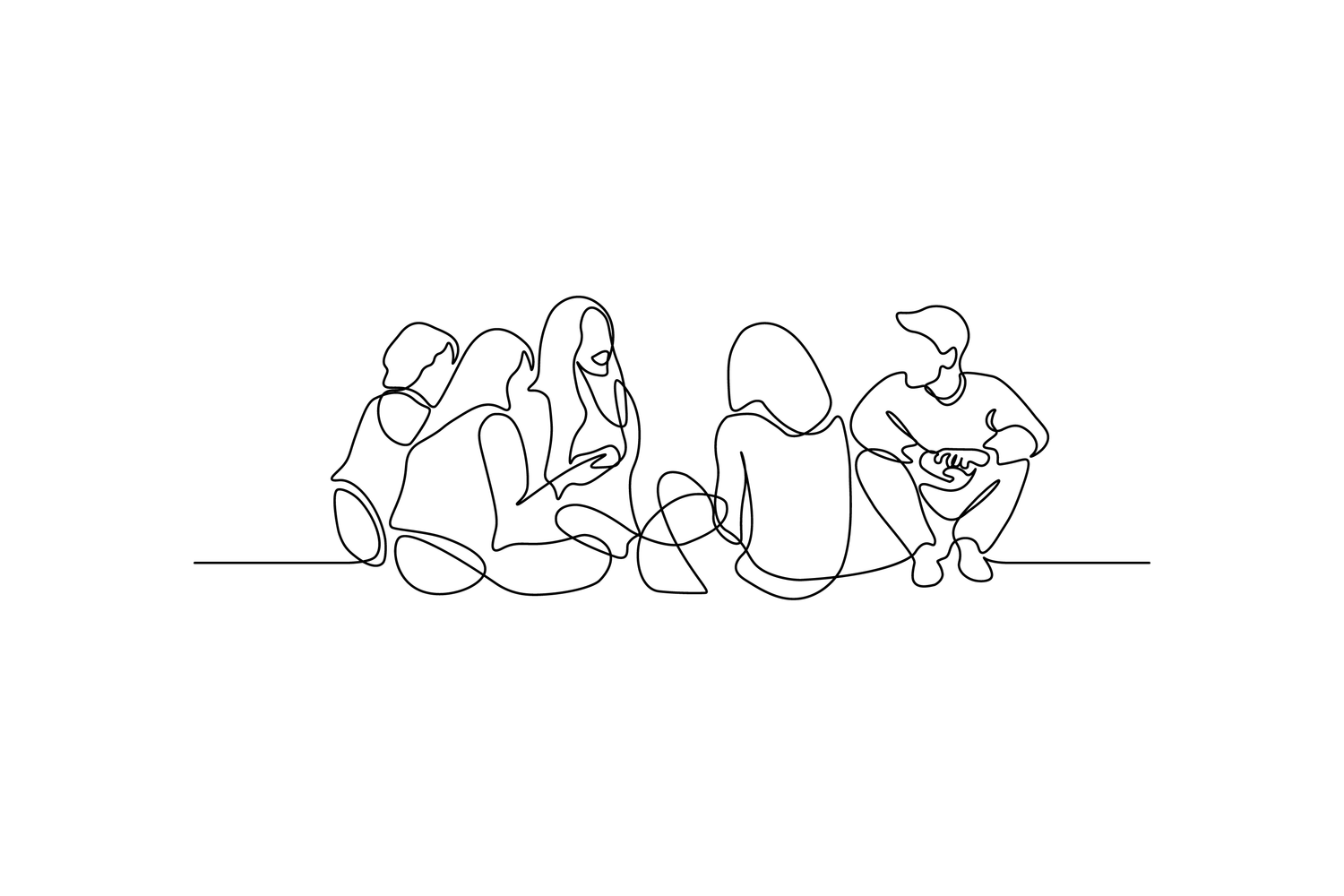 Line sketch of four people sitting on the ground talking 