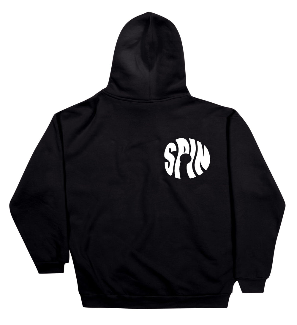 black hoodie with white spin logo on the back