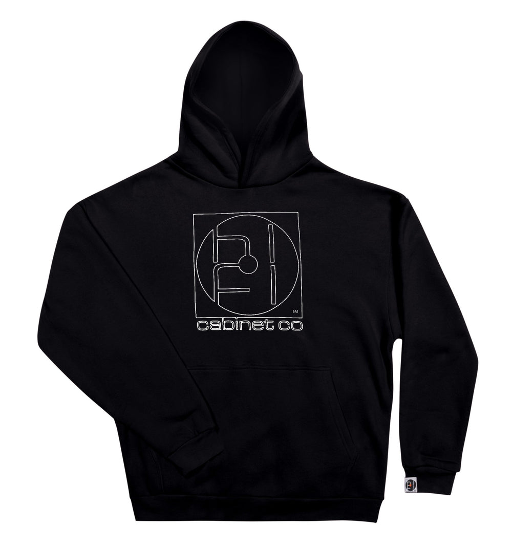 black hoodie with white cabinet co logo outline on the front