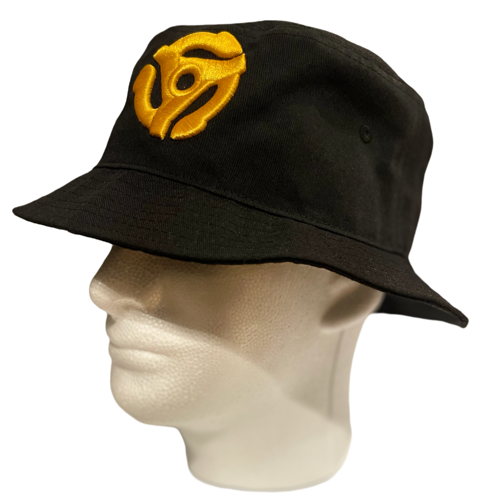 A black bucket hat with a yellow spin logo