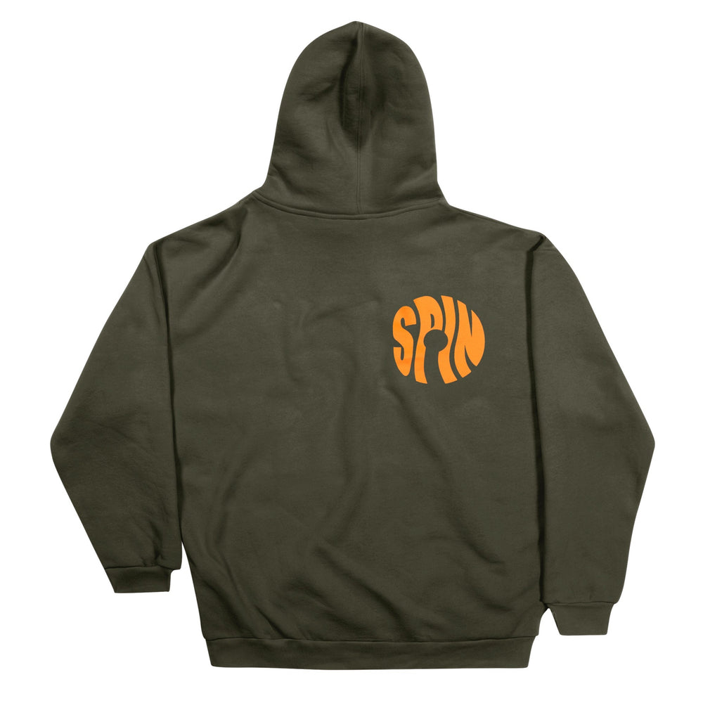 dark green hoodie with orange spin logo on the back