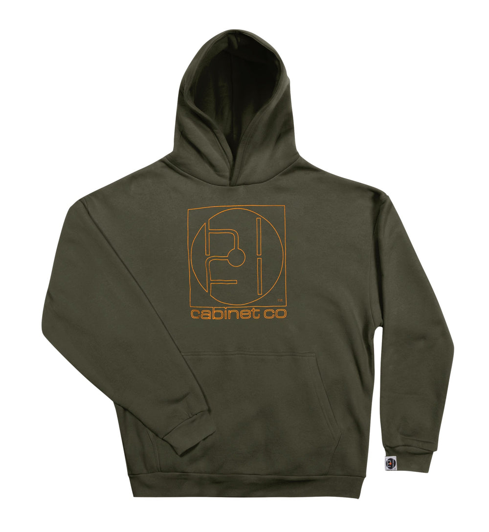dark green hoodie with orange cabinet co logo on the front