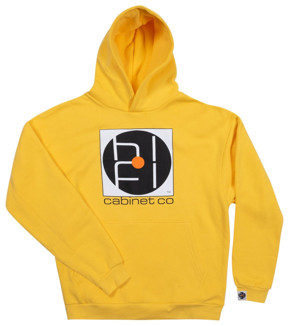 full logo of cabinet co on the front of a yellow hoodie