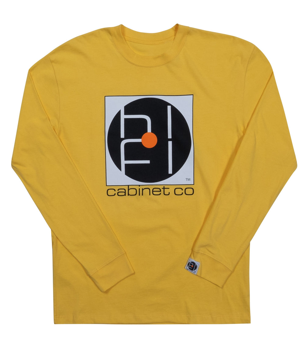 yellow long sleeve with full cabinet co logo on the front