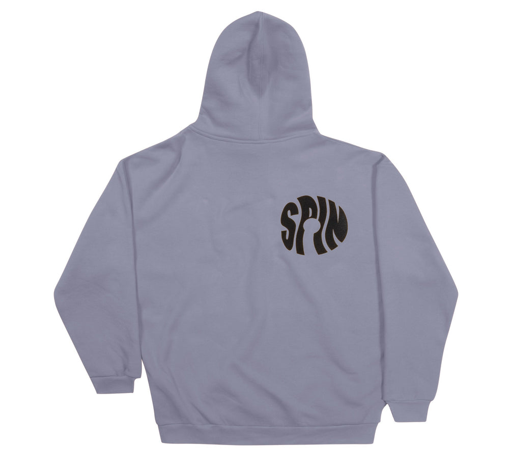 grey hoodie with spin logo on the back