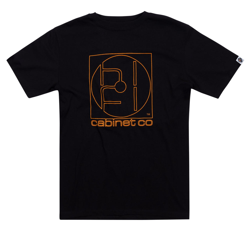 black t-shirt with orange cabinet co logo outline