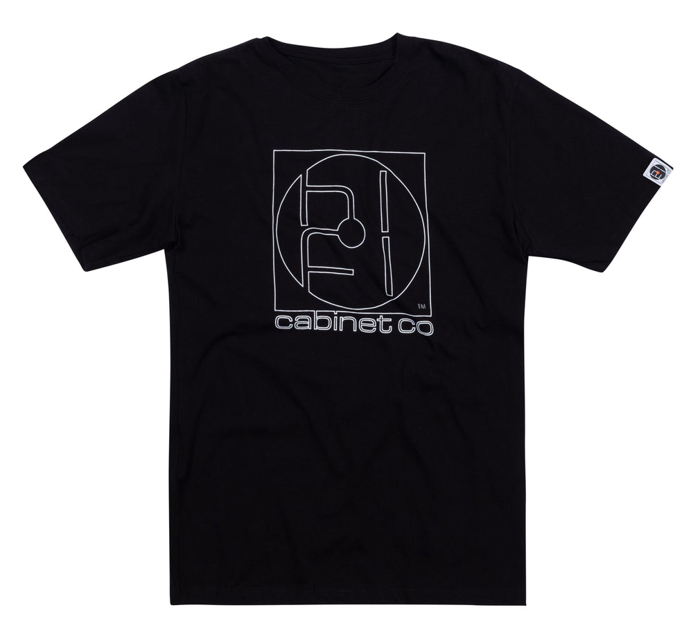 black t-shirt with white cabinet co logo outline on the front