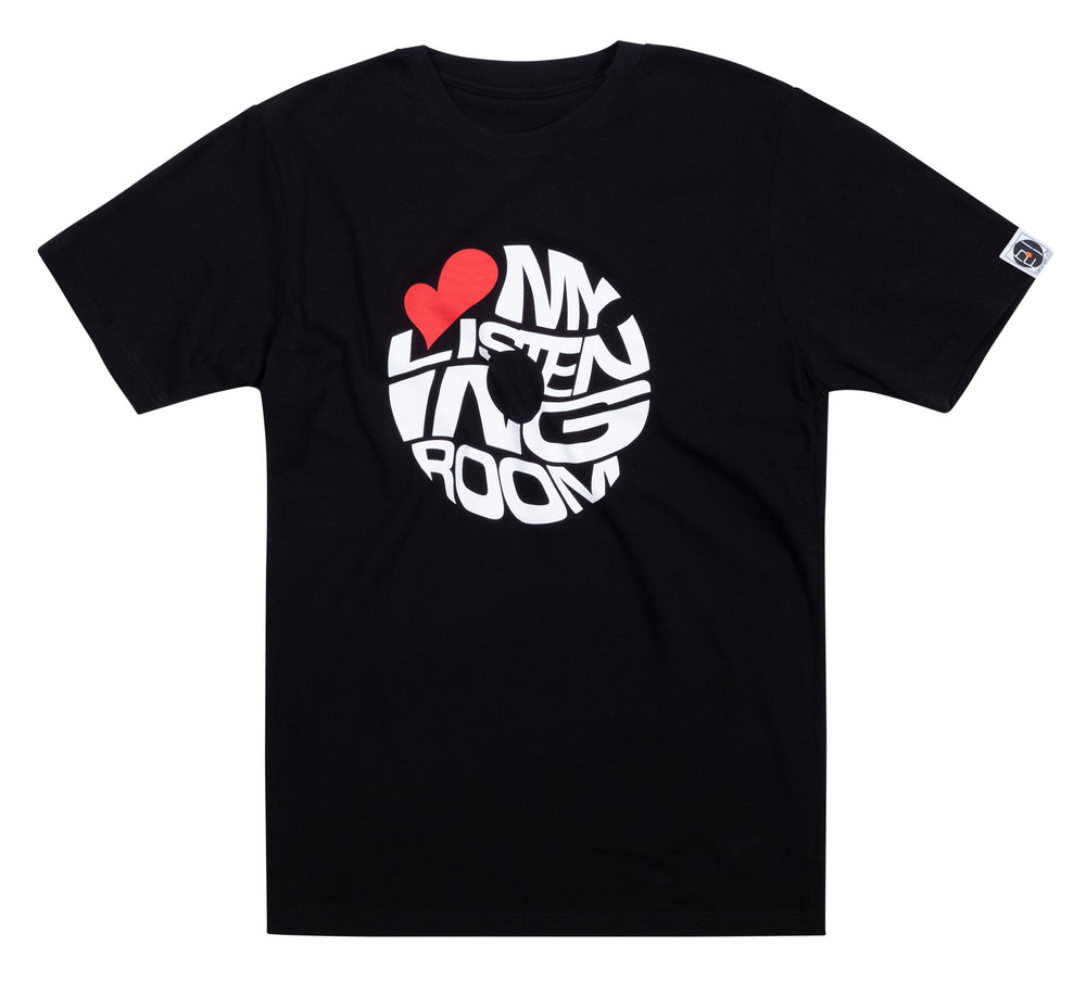 black t-shirt with a white logo with the text love my listening room
