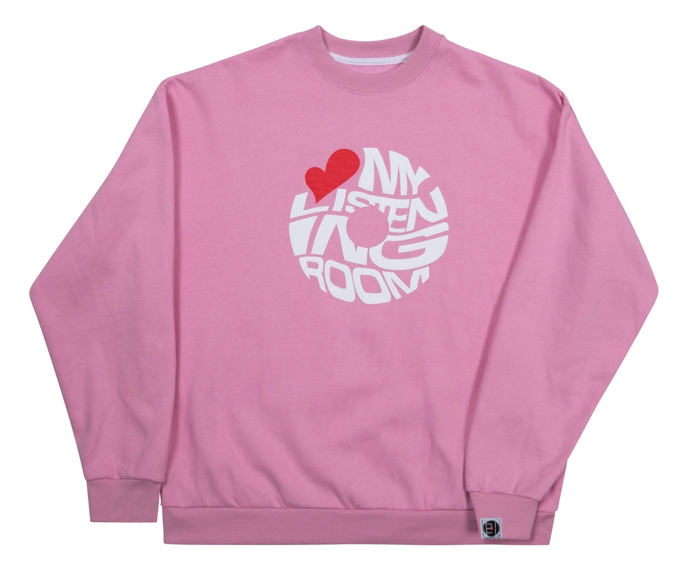 Pink crewneck sweater with love my listening room logo on the front
