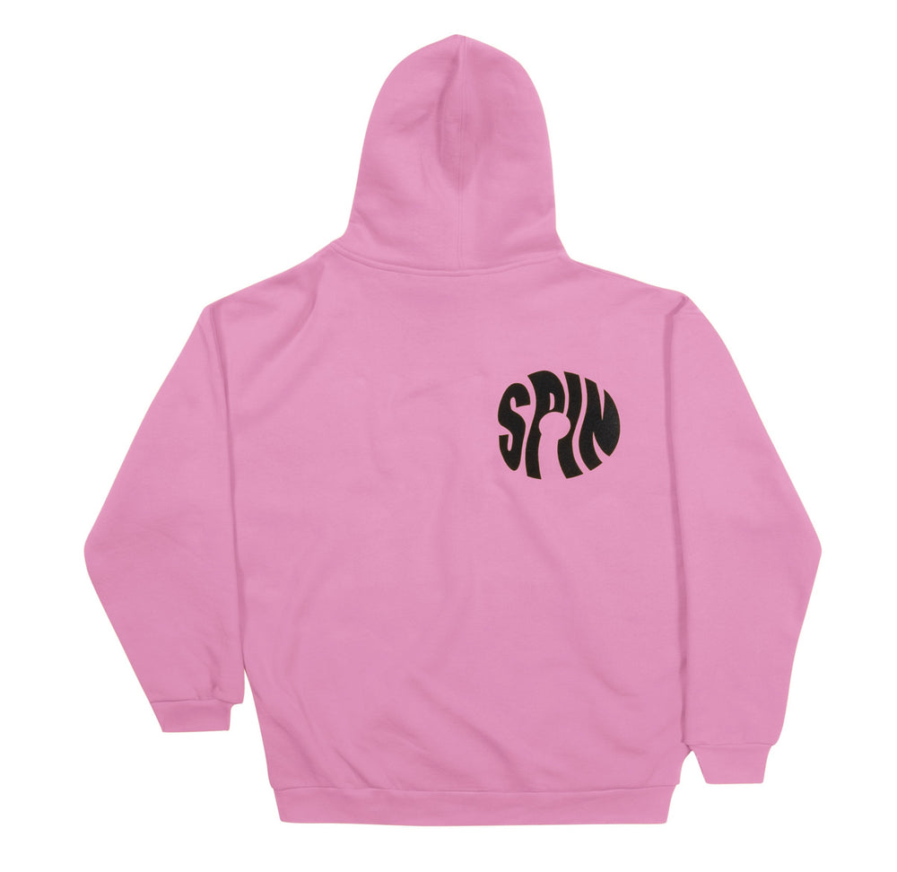 pink hoodie back with black spin logo