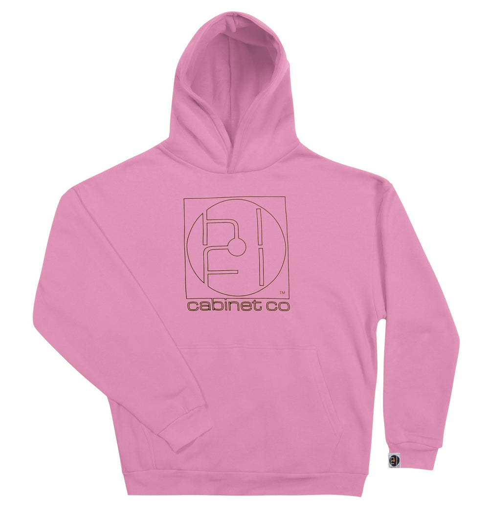 pink hoodie with cabinet co logo on the front